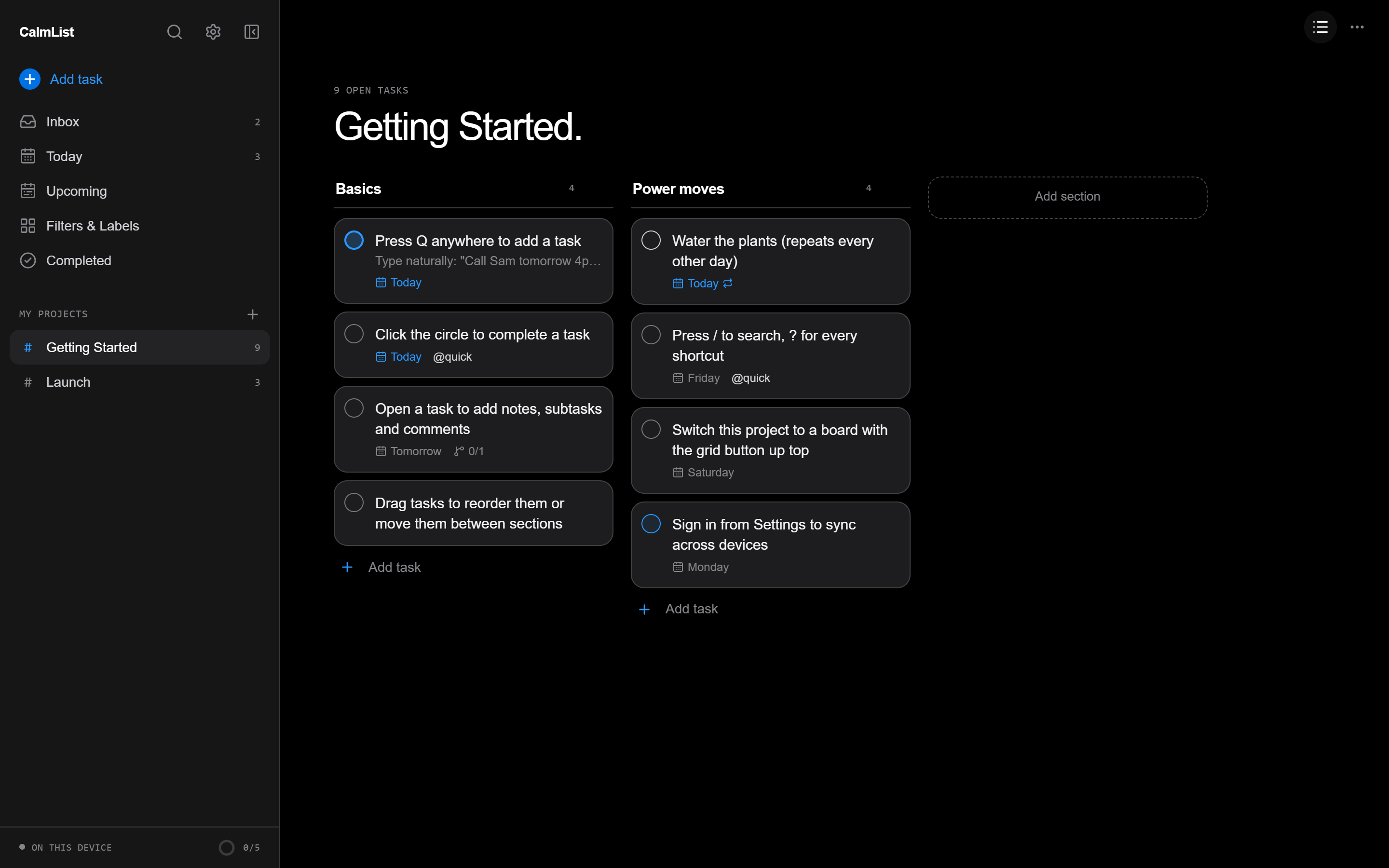 A project shown as a board with Basics and Power moves columns of task cards.