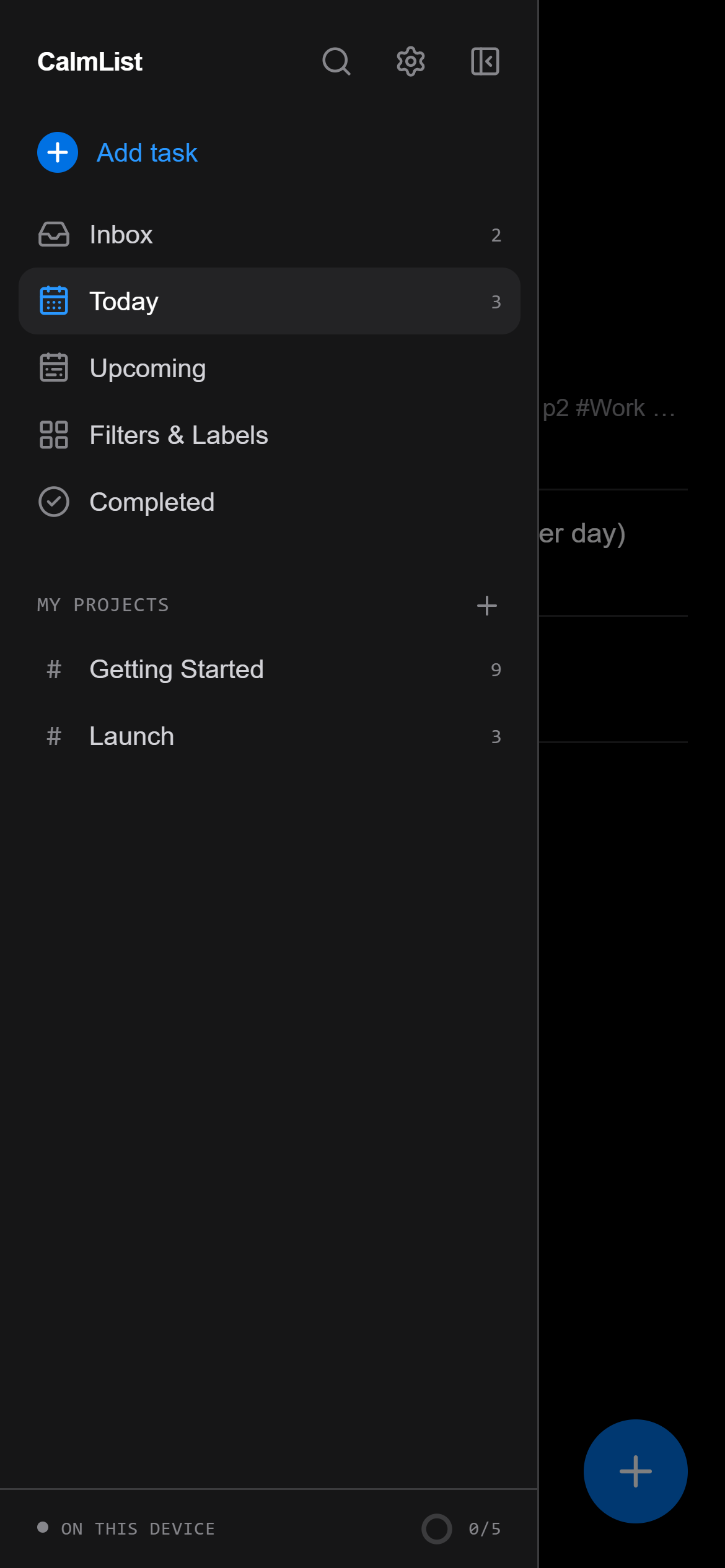 CalmList's Today view on a phone, with a floating add button.