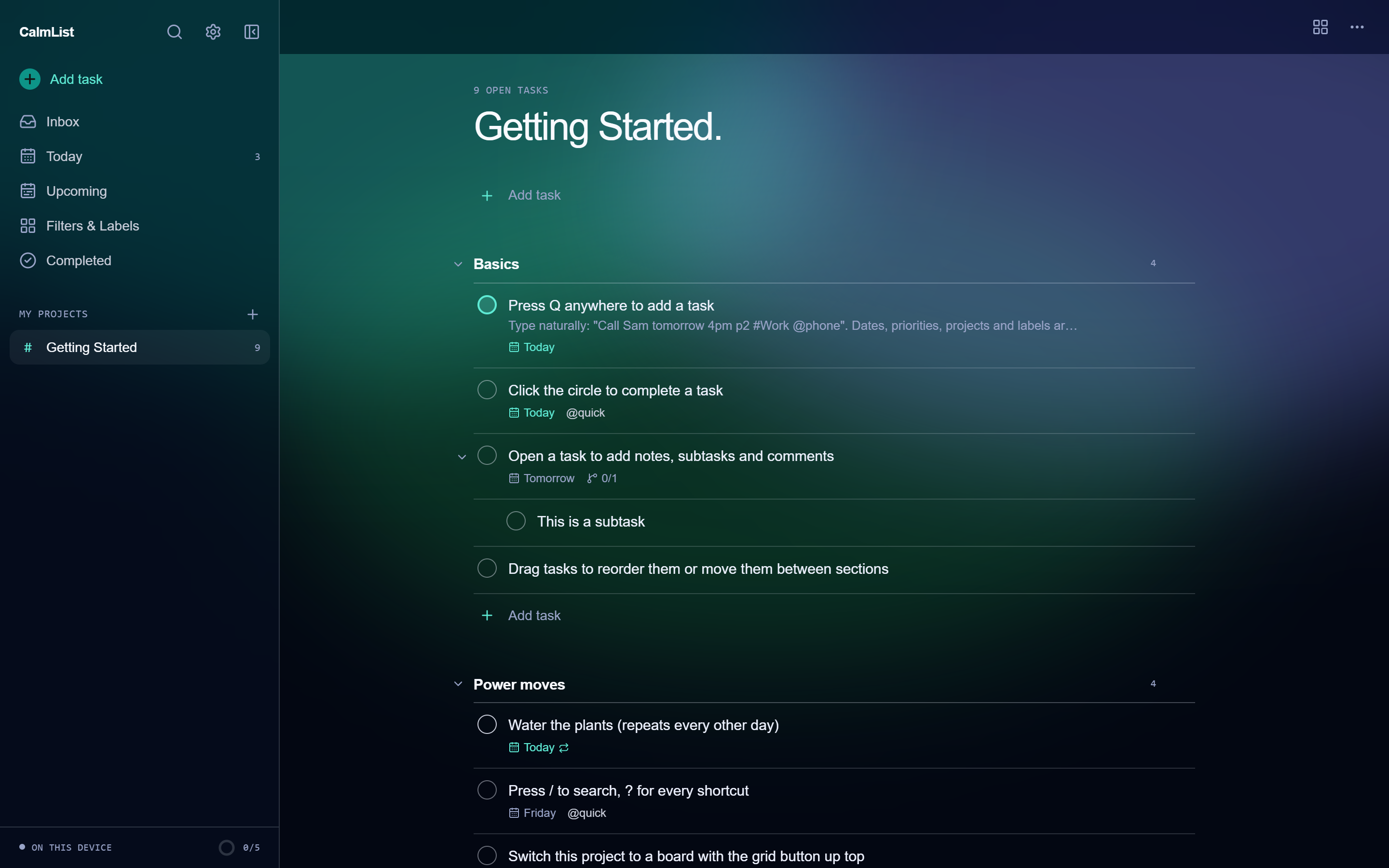 CalmList in the Aurora theme, with soft northern lights behind the list.
