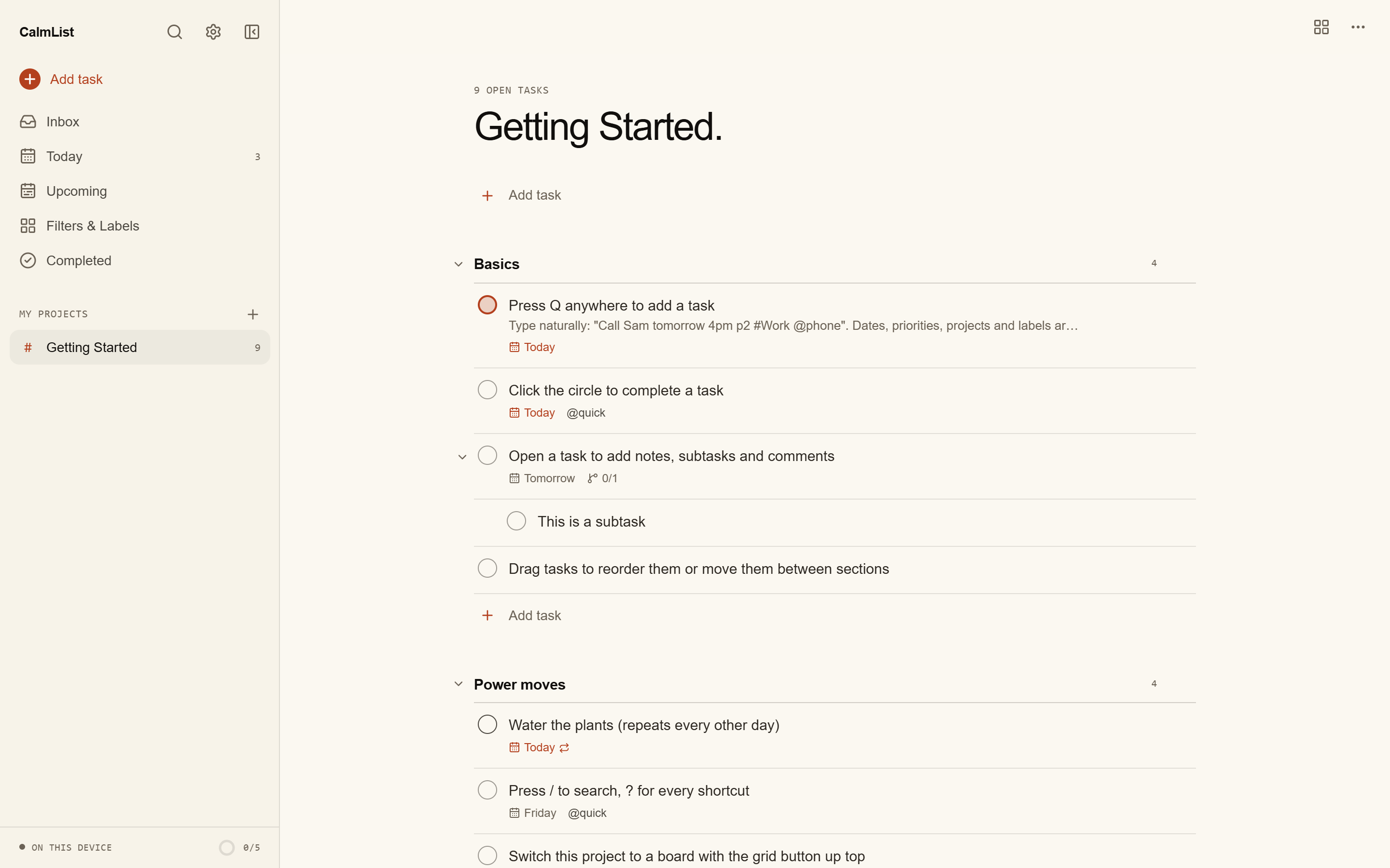 CalmList in the Paper theme: warm off-white with terracotta accents.