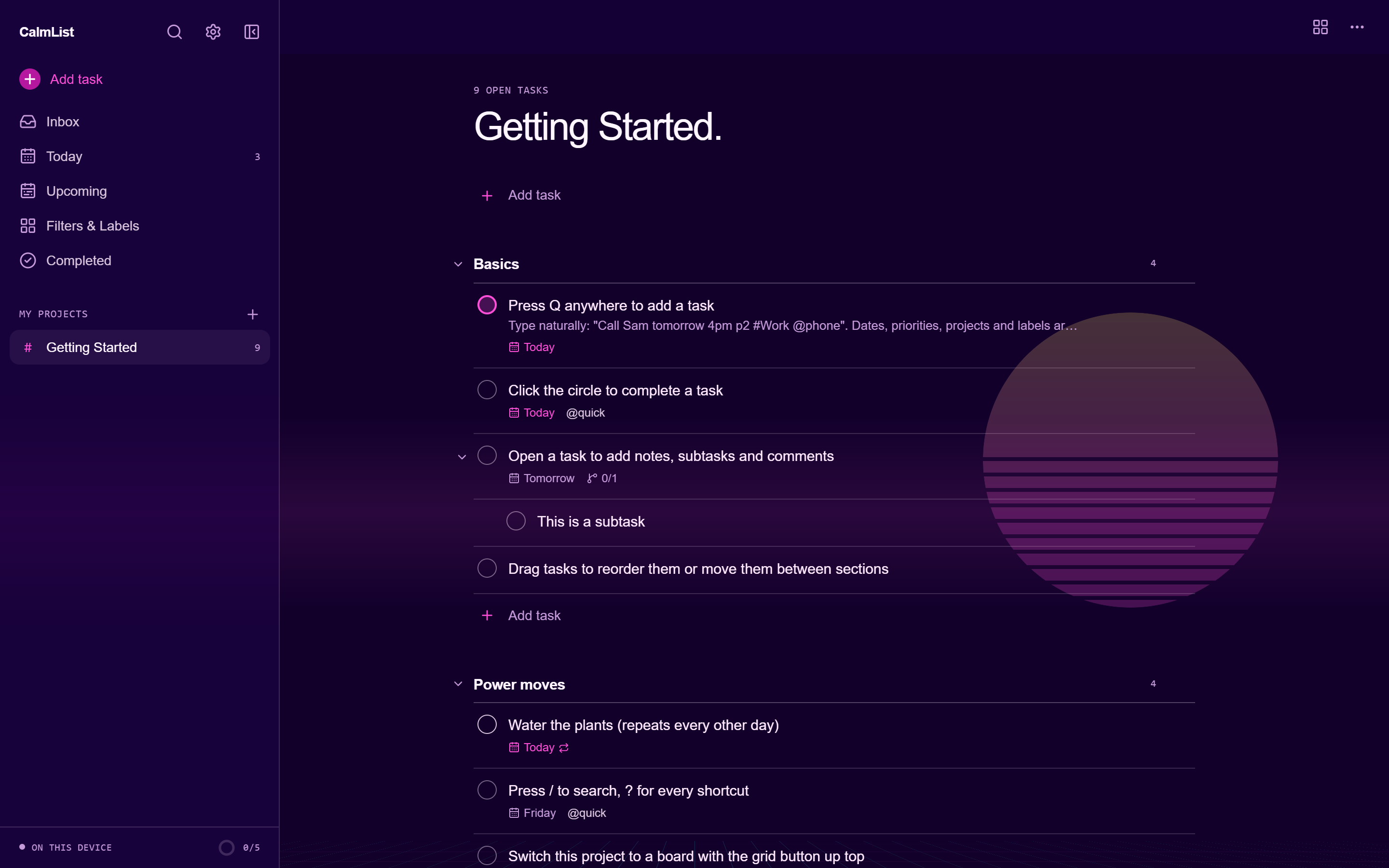 CalmList in the Synthwave theme, with a neon sun and grid.