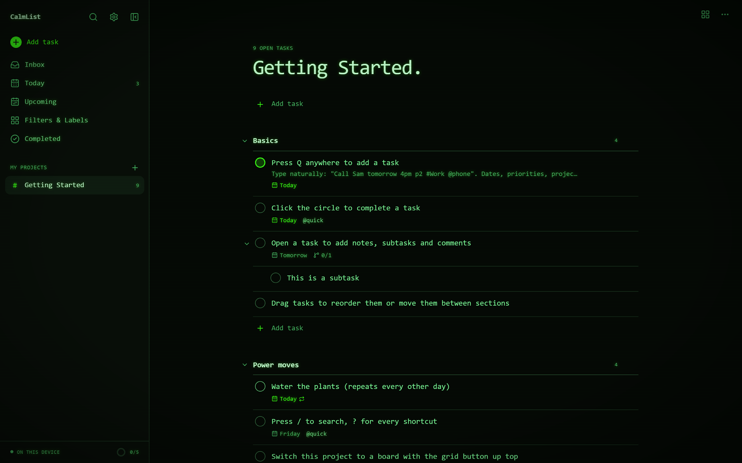 CalmList in the Terminal theme: green monospace text with scanlines.