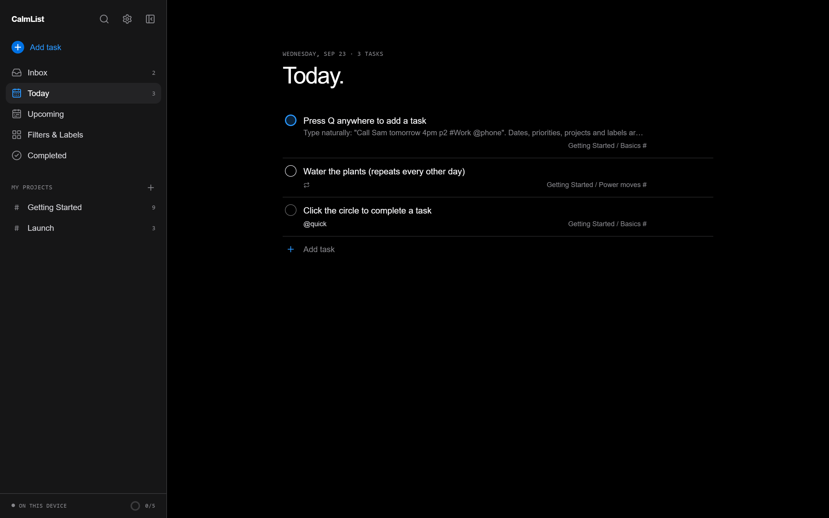 CalmList's Today view: three tasks due today, with the sidebar showing Inbox, Today, Upcoming and two projects.